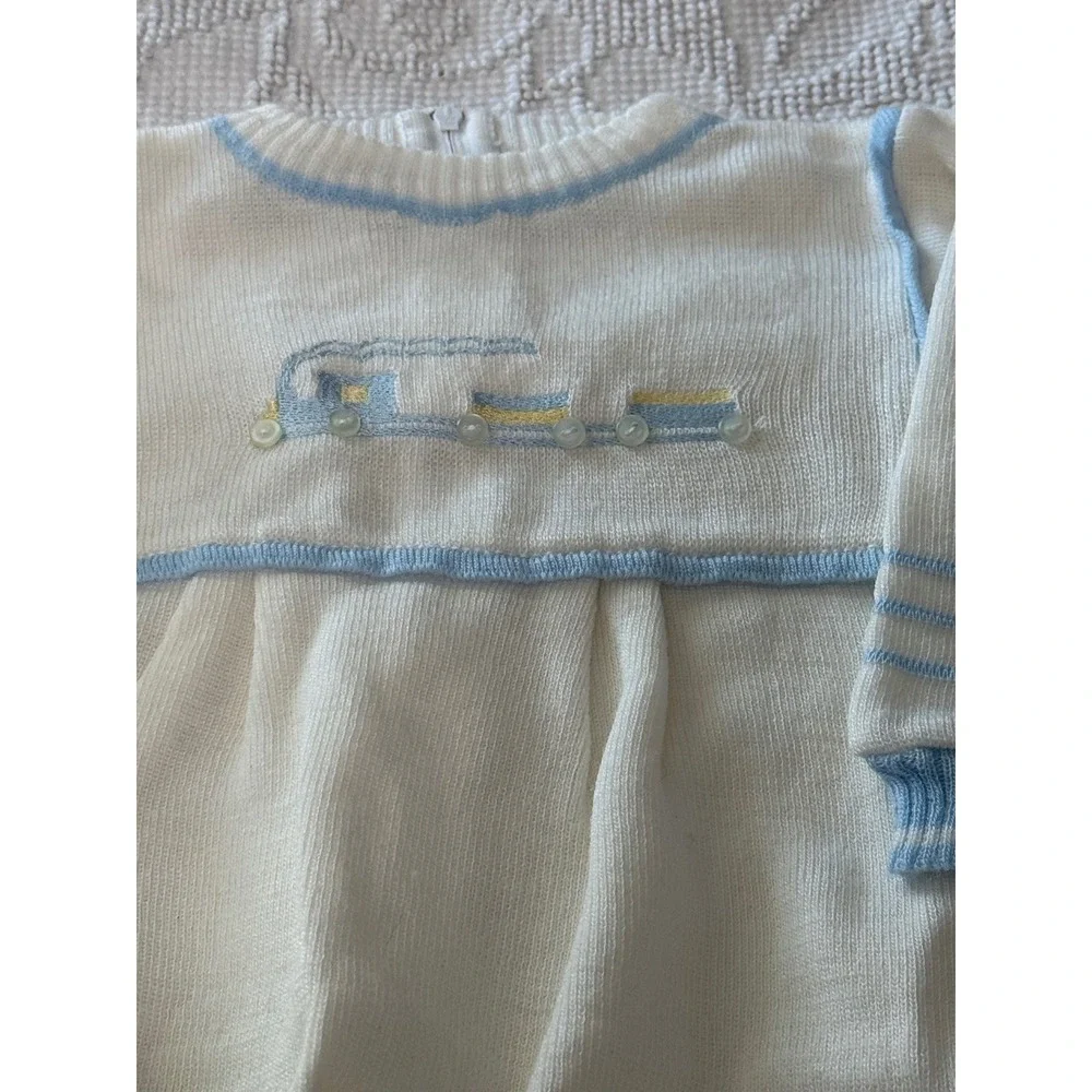 Carriage Boutiques Vintage Knit Train Footed Romper White Blue Boy One Piece